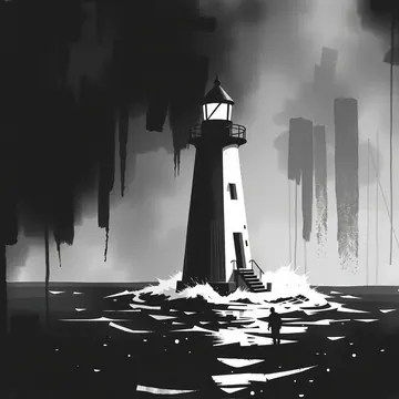 A lighthouse in a black sea, its lamp lit, a figure wading below
