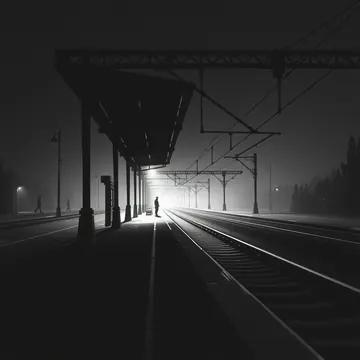 A long platform in fog, a single figure under the canopy
