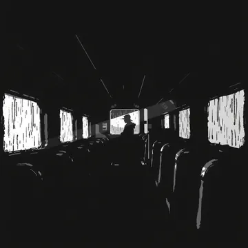 A dark train carriage, one passenger by a bright window