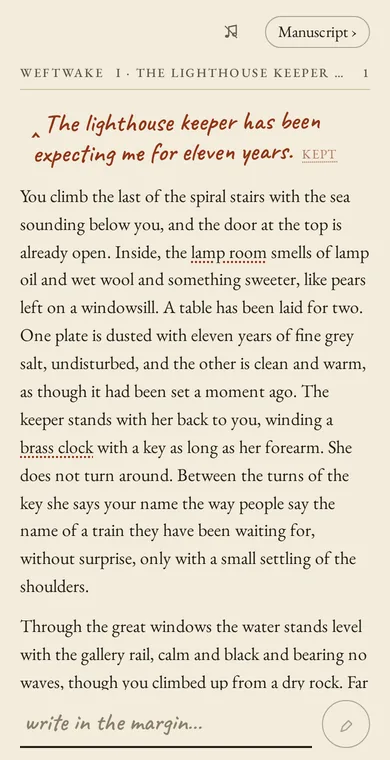 Weftwake in the Manuscript theme on a phone