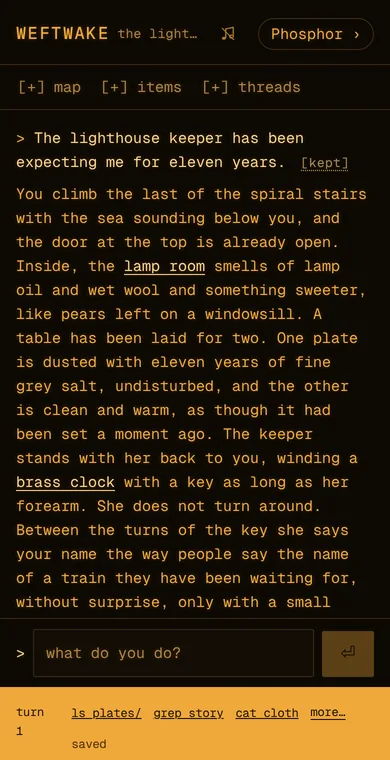 Weftwake in the Phosphor theme on a phone